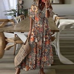Pitauce Holiday Dresses for Women V Neck Floral Printed Maxi Dress Casual Loose Summer Beach Dress on Clearance