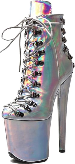 WUXIN H&P Women 8 Inch High Heel Lace-up Patent Leather Fashion Platform Stiletto Exotic Pole Dancing Ankle Boots Shoes 6 Silver
