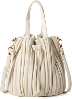 Bucket Bags for Women, Mini Leather Drawstring Crossbody Bucket Purses Pleated Shoulder Handbags Beige