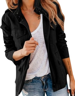 Womens Military Jacket Zip Up Snap Buttons Lightweight Utility Anorak Field Safari Coat Outwear Black