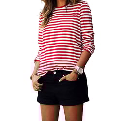 Blotona Women Red White Striped Casual Tops Long Sleeve Round Neck Loose Shirt Fashion T-Shirt