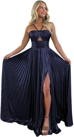 Sparkly Metallic Prom Dresses with Slit A Line Keyhole Satin Long Formal Party Dress for Women RO123 8 Navy Blue
