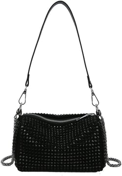 Rhinestone Cylinder Crossbody Bag Sparkling Barrel Purse Mini Tote for Women 014b Black