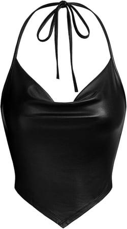 OYOANGLE Women's PU Leather Crop Top Summer Casual Draped Front Halter Sleeveless Cami Top