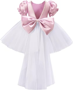 V-Back Flower Girl Dresses for Wedding Satin Tulle Princess Pageant Pearls First Communion Gowns with Bow 6 Pink