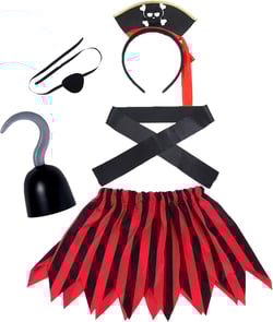 Dxhycc 5 Pieces Pirate Costume Accessories Pirate Skull Headband Pirate Eye Patch Sash Captain Hook Skirt for Halloween, Dress Up Parties