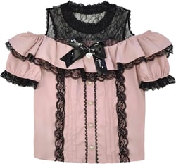 Sweet Cold Shoulder Shirt Women Lolita Lace Mesh Sheer Short Sleeve Blouse Vintage Ruffle Button Cute Tops Medium Pink