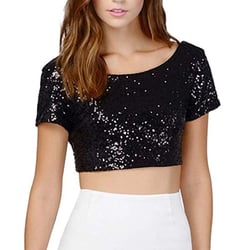 drpgunly Womens Tops Going Out Tops for Women Sexy,Fashion O-Neck Solid Sequins Short Sleeve Short Navel Tee,Crop Tops Sexy Tops for Women