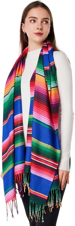 Pashmina Shawls and Wraps, Double-side pattern Long Scarves for Women, Perfect for Winter and Fall Serape Stripes Mexican Bold Colors