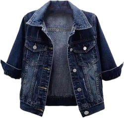 Korean Version Denim Cotton Solid Basic Loose Three Quarter Single Breasted Women's Jacket Short Coat XX-Large Navy Blue
