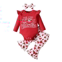 Girls Outfit Long Sleeve Valentine's Day Pattern Romper Bodysuit Heart Prints Bell Bottoms Headband Outfits Baby Girls Clothes Red 6 Months-9 Months