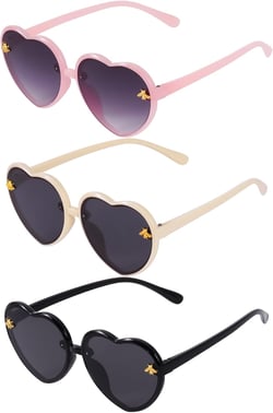 obmwang 3 Pieces Kids Heart Shaped Sunglasses Stylish Cute Bee Sunglasses for Toddler Girls Age 3-10 Outdoor Beach Eyewear Jelly Powder/Gradient Gray, Beige/Gray, Black/Gray