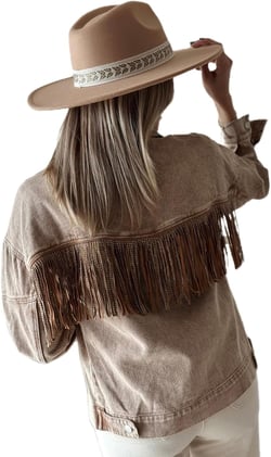 Women's Brown Rhinestone Fringed Cowgirl Denim Jacket X-Large Brown