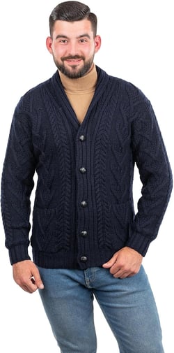 SAOL 100% Merino Wool Men's Aran Cable Knit Shawl Collar Casual Irish Cardigan with Buttons and Pockets Small Navy