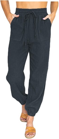BDNXTV Womens Pants, Women Casual Cotton Linen Pant with Pockets Drawstring Solid Color Wide Leg Trouser Pants for Women Large 02-dark Gray Loose Pants for Women