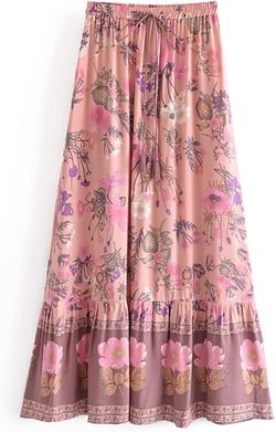 Womens Summer Cotton Vintage Floral Print Bohemian Casual Ruffled Flowy Midi Skirt Large 3#pink
