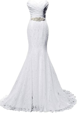 SOLOVEDRESS Women's Beaded Pleat Lace Wedding Dress Mermaid Bridal Gown with Sash 4 White