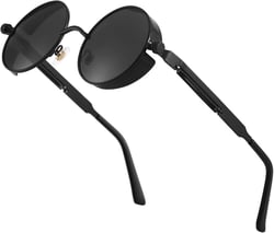 Steampunk Polarized Sunglasses For Men, Round Gothic Shades Style, Metal Circle Frame Black