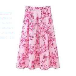 TRAFZA Women Fashion Chic High Waist Long Skirt Woman Vintage Floral Print Back Zipper Folds Decorate Slim Casual Skirt Y2K