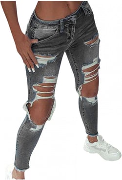 WUAI-Women High Waisted Stretch Ripped Skinny Jeans Plus Size Boyfriend Distressed High Rise Slim Fit Denim Pants Trousers 3X-Large Grey
