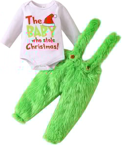 Toddler Baby Boy Girl Christmas Outfit Long Sleeve Romper Green Monster Outfits Clothes (Straps Green, 6-12 Months)