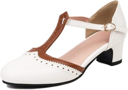 Womens T Strap Heel Vintage Closed Toe Dress Shoes Wingtip Chunky High Heels Mary Jane Pumps 10 White