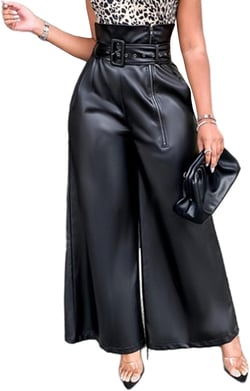 Sexyshine Women's PU Faux Leather High Waisted Side Zipper Loose Wide Leg Vintage Leather Pants with Belt Chic Clubwear Large Black