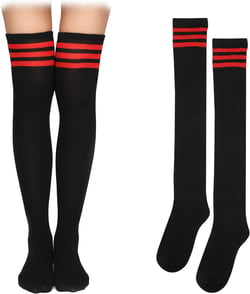 1 Pair Thigh High Socks, Cotton Soft Knee High Long Stockings Women Leg Warmers for Wednesday Christmas Cosplay Main Black, Red Stripe