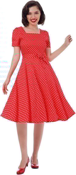 Women Vintage 50s 1950s Dress Square Neck A-line Polka Dot Rockabilly Swing Evening Party Cocktail Dresses Small Red