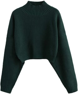 ZAFUL Women's Pullover Sweater Drop Shoulder Plain Knitted Cropped Sweater Pullover Solid Long Sleeve Cropped Tops Aaa-dark Forest Green Large