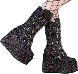 Bcshiye Womens Chunky Platform Knee High Boots Wedges Chunky High Heel Knight Boots Round Toe Short Combat Booties 7.5 Black