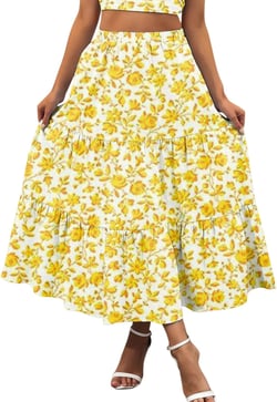 Line Boho Tiered Dress Beach Printing Elastic A Skirt Waist Long Women Swing Flowy Summer Pleated Pocket Floral X-Large Yellow