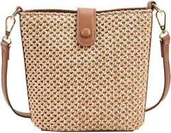 Straw Beach Bags For Women Rattan Purses Summer Straw Bucket Bag Crossbody Handwoven Raffia Bag Handbag Purse Shoulder Bag, Brown