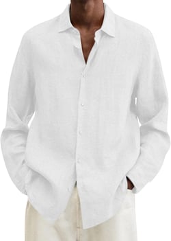 Mens Stylish Casual Linen Dress Shirts Long Sleeve Button Down Chambray Shirt Summer Beach Hawaiian Shirts Vacation Wedding White 4X-Large