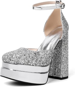 Mettesally Women's Stacked Platform High Heels Square Toe Chunky Thick Heel Sandals Ankle Strap Block Heeled Pumps Fashion Party Platform Shoes 5 Silver Glitter