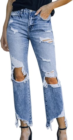 Womens Jeans Ripped Stretch Loose Hole Irregular Sand Wash Jeans Trousers Blue Large