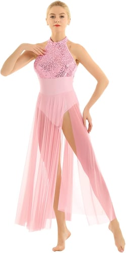 Women Lyrical Dance Dress Modern Contemporary Dancewear Halter Neck Sequins Leotard Mesh Tulle Maxi Long Skirt X-Small Pink