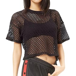 Bjutir Womens Mesh Tops Cover Up See Through Fishnet T Shirt Short Sleeve Crew Neck Crop Top Summer Ligthweight Soft Breathable T-Shirts 2024 Black L