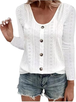Ceboyel Womens Long Sleeve Tops 2023 Lace Crochet Casual Shirts Button Down V Neck Blouses Dressy Trendy Fashion Fall Clothes Medium J04-white