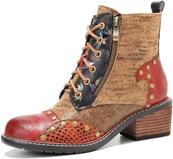 SOCOFY Ankle Boots for Women,Boots for Women Winter Shoes Bohemian Flowers Embroidery Splicing Leather Boots Anti Slip Walking Boots Retro Zipper Short Bohemian Casual Ankle Waterproof Boots for Women 8 Red