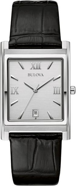 Bulova Men's Stainless Steel 3-Hand Calendar Date Quartz Watch with Black Leather Strap, Rectangle Dial Style: 96B107