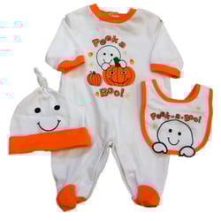 Prepare To Scare Infant Boys White Peek A Boo Ghost Coverall Bib & Hat Set 6m