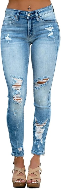 Women's Mid Rise Skinny Stretch Ripped Jeans Mid Waisted Destroyed Tight Denim Pants Large Blue