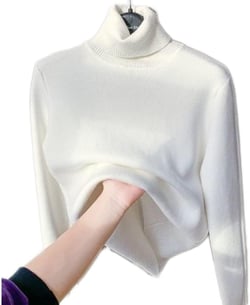 Winter Fleece Thick Knitted Bottoming Shirt Womens Turtleneck Slim Fit Soft Thermal Sweater Basic Layering Tops (White,L) White Large