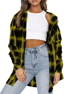 Women's Casual Pocket Loose Plaid Shacked Button Down Shirt Flannel Checked Shirts Boyfriend Fall Blouses Tops Medium Yellow