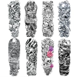 Pirate Skull Fake Tattoo Sleeve for Men, Full Arm Realistic Flower Skeleton Kraken Gun Temporary Tattoo Sleeve Women Adult, Large Black Octopus Sailboat Temp Tatoo Sticker Leg Body Art Makeup, 8-Sheet