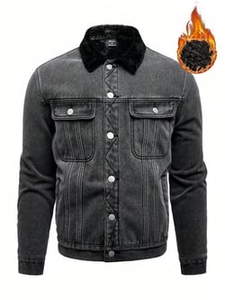 Manfinity Homme Men's Light Gray Washed Denim Casual Fleece-Lined Warm Jacket