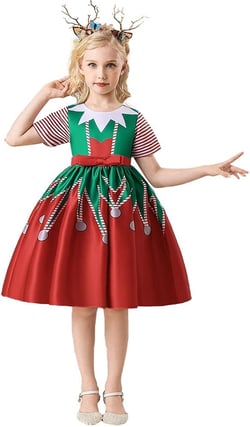 Girls Christmas Pageant Party Costume Kids Santa Claus Elf Printed Princess Fancy Dress Up Outfits w/Reindeer Headband 006 Green 10-11 Years
