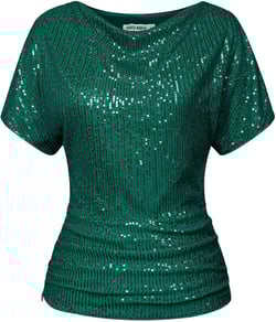 Holiday Top for Women Green Sequin Sparkle Ruched Cowl Neck Batwing Party Top XL