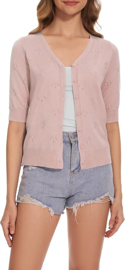 Women's Short Sleeve V Neck Shrugs Button Down Knit Cropped Cardigan Sweater Tops Pastel Violet X-Large